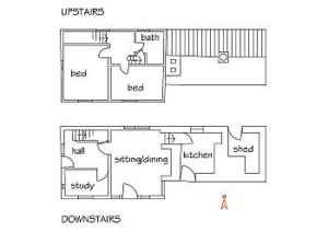 A simple floor plan layout of Manor Holding Cottage showing the upstairs and downstairs rooms.