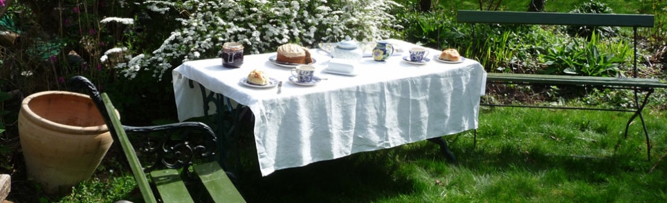 A beautifully set tea table with white linen, tea cups, and a teapot in a rustic setting.